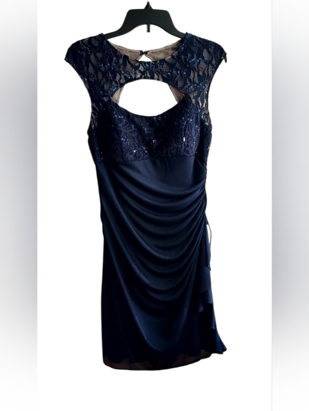 Navy Lace & Sequin Midi Dress with Cutout Neckline